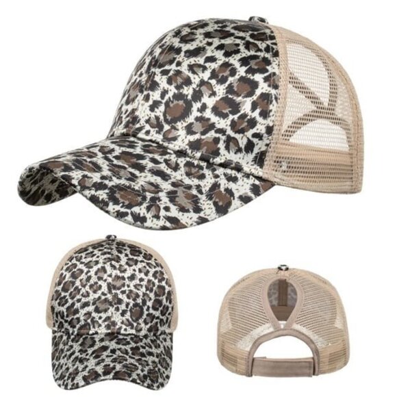 Tan & Brown Leopard Print Baseball Cap Snap-Back Ponytail Hat - Picture 3 of 4